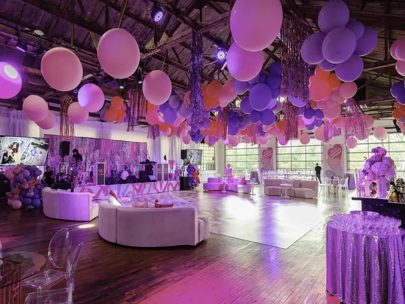 Elegant balloon decor and bar mitzvah event setup inside The Knowlton waterfront venue in Fairfield County, CT